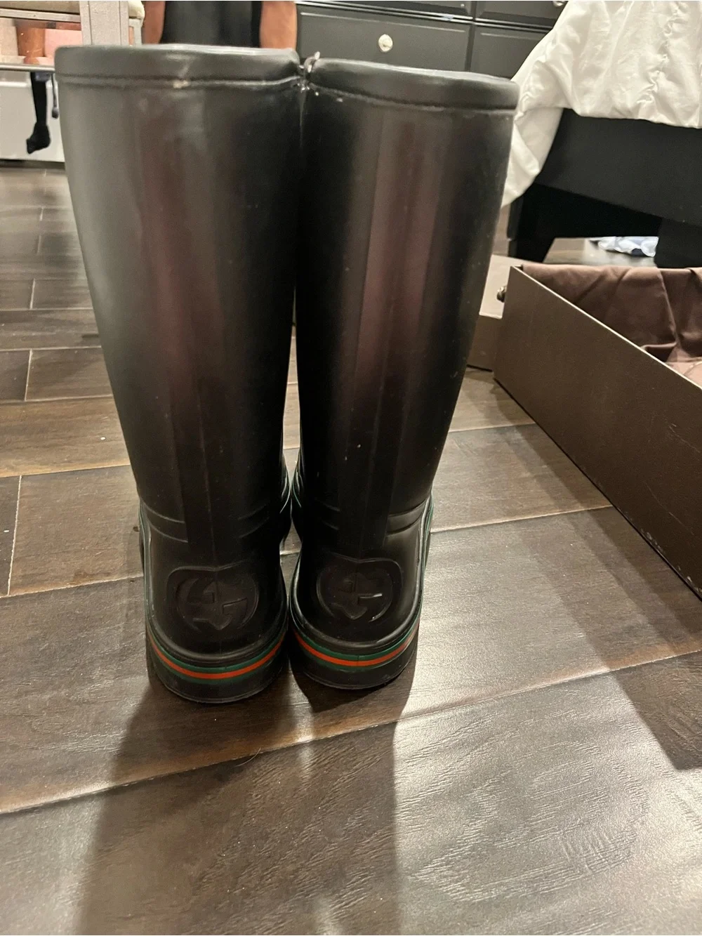 Gucci Black Rain & Snow Boots with Green and Red Stripe